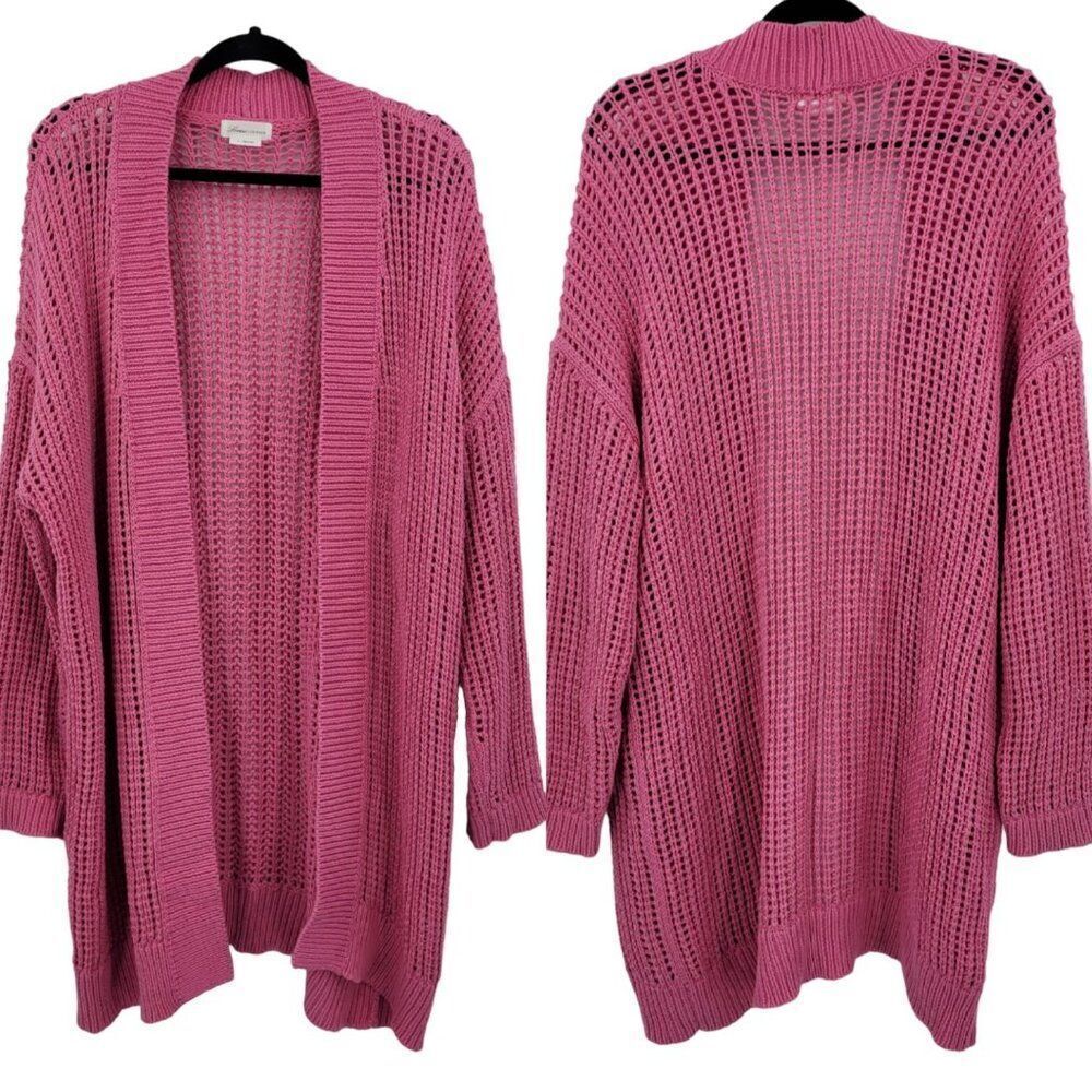 Lovers + Friends Open Knit Cardigan Sweater M Fuchsia Pink‎ Long Boho Oversized